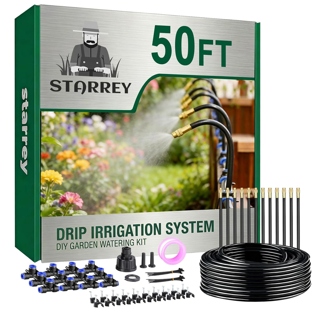 Drip Irrigation System, 2026-Upgrade 100Ft 1/4" Garden Watering System with 24 Pcs 360° Adjustable Copper Nozzles, DIY Kit for Garden, Lawn, Greenhouse, Raised Beds & Outdoor Plants