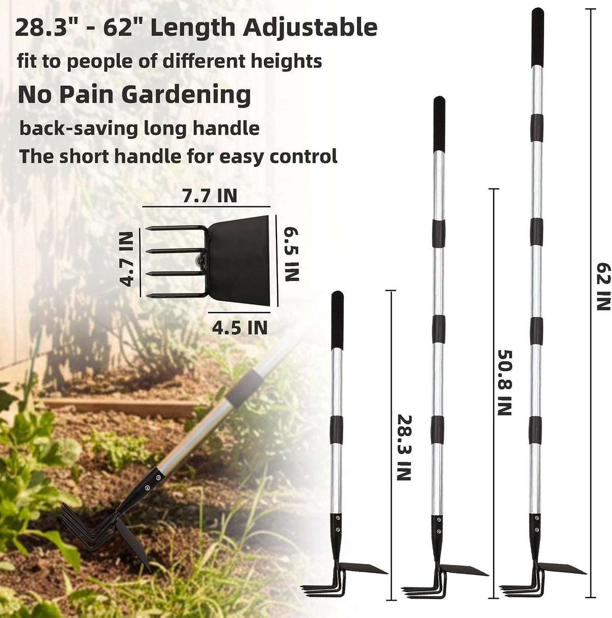 Long Hand Cultivator, 2-in-1 Hand Tiller and Garden Hoe for Gardening