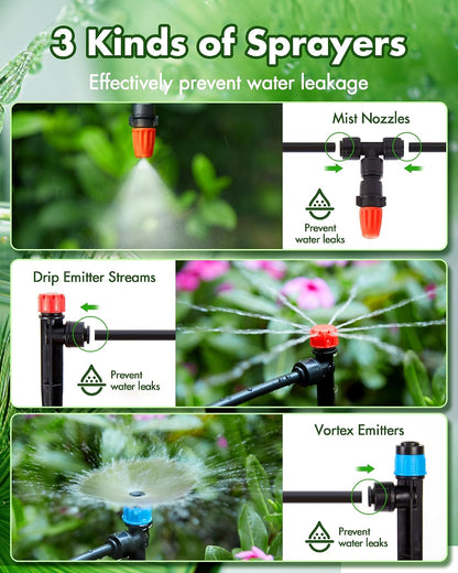 240FT Drip Irrigation System Kits - Automatic Garden Watering Sprinkler with 1/2 & 1/4 inch Tubing Hose Patio Misting Plant Irrigation Water Equipment Quick Connector for Greenhouse Flower Beds Lawn