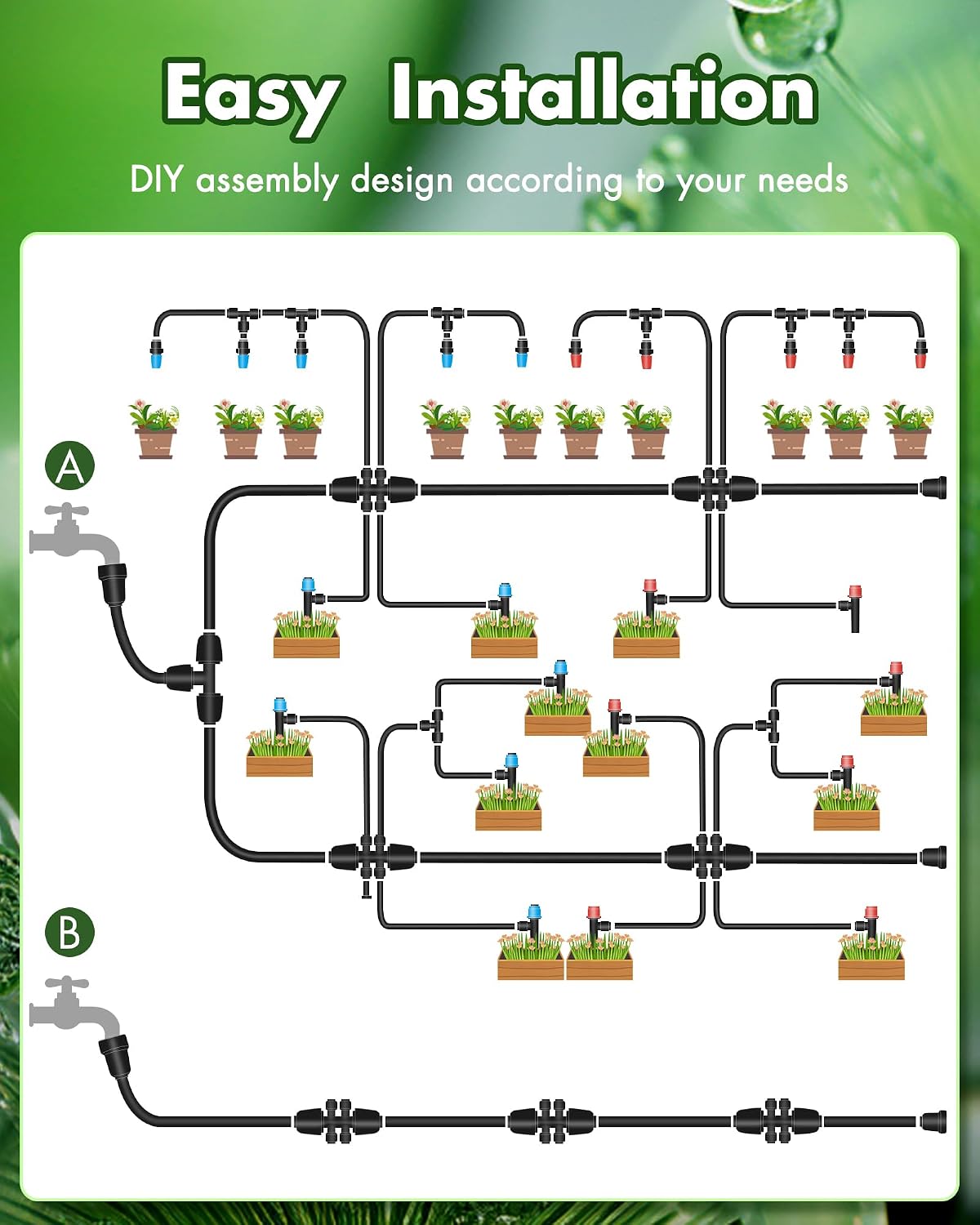 240FT Drip Irrigation System Kits - Automatic Garden Watering Sprinkler with 1/2 & 1/4 inch Tubing Hose Patio Misting Plant Irrigation Water Equipment Quick Connector for Greenhouse Flower Beds Lawn