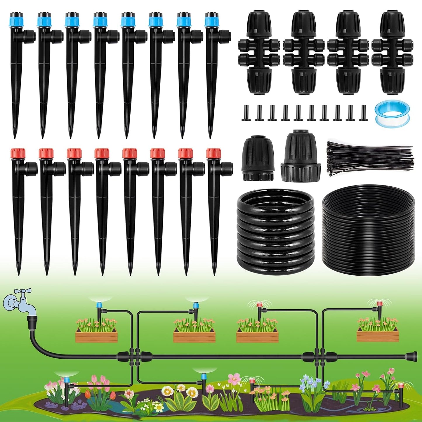 240FT Drip Irrigation System Kits - Automatic Garden Watering Sprinkler with 1/2 & 1/4 inch Tubing Hose Patio Misting Plant Irrigation Water Equipment Quick Connector for Greenhouse Flower Beds Lawn
