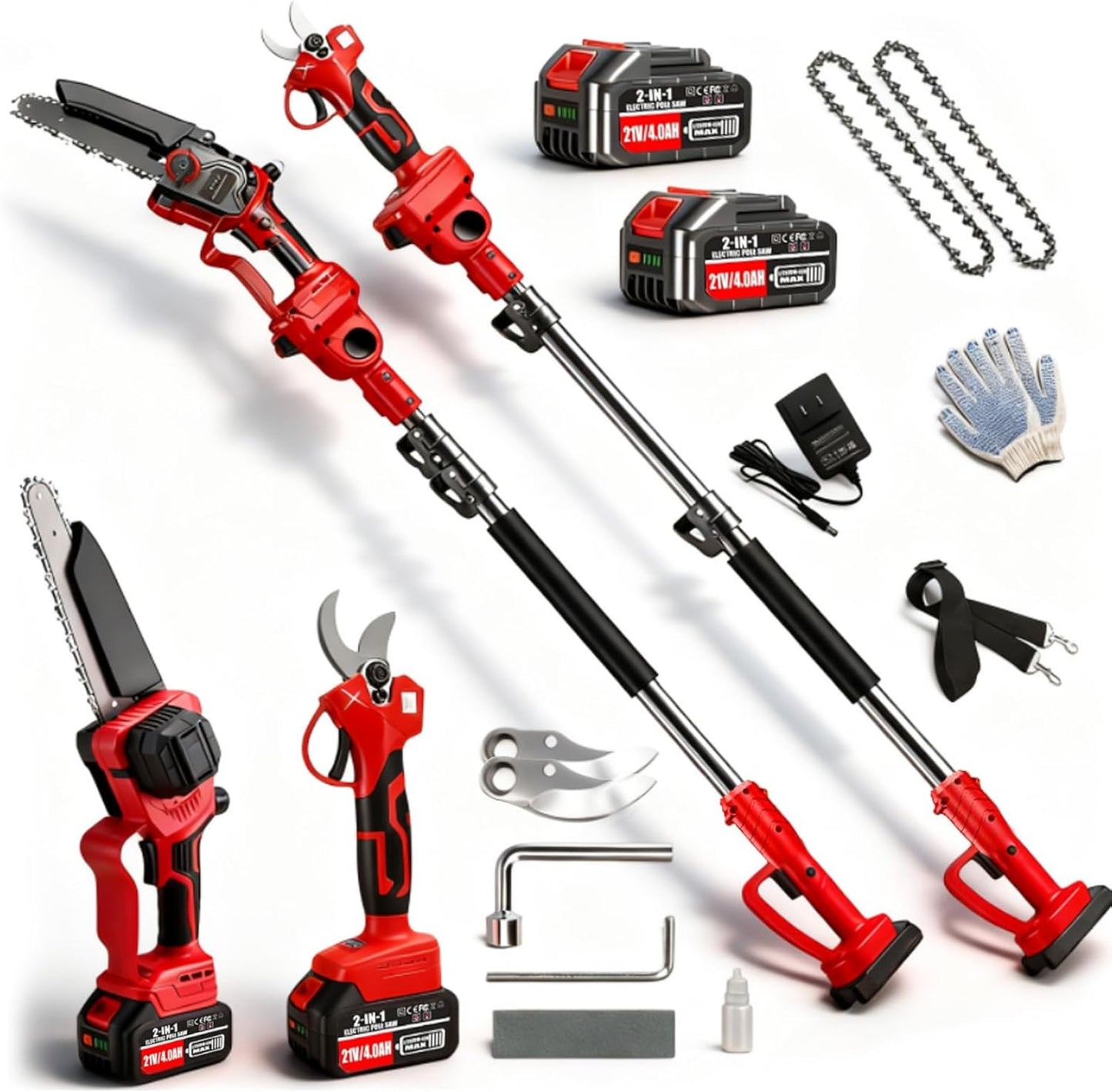 4-in-1 Cordless Pole Saws for Tree Trimming Kit:8 Inch Mini Chainsaw, Electric Pruning Shears,16ft Extendable Pole, 2×4.0Ah Batteries&Pole Saw Battery Powered Tree Trimmer Limb Branch Cutter Pruner