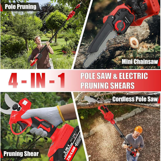 4-in-1 Cordless Pole Saws for Tree Trimming Kit:8 Inch Mini Chainsaw, Electric Pruning Shears,16ft Extendable Pole, 2×4.0Ah Batteries&Pole Saw Battery Powered Tree Trimmer Limb Branch Cutter Pruner