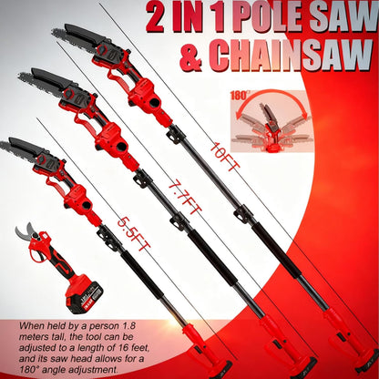 4-in-1 Cordless Pole Saws for Tree Trimming Kit:8 Inch Mini Chainsaw, Electric Pruning Shears,16ft Extendable Pole, 2×4.0Ah Batteries&Pole Saw Battery Powered Tree Trimmer Limb Branch Cutter Pruner