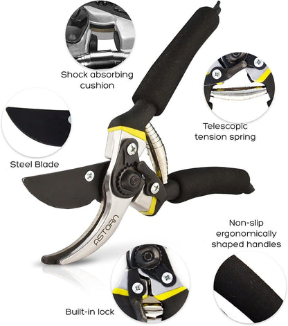 8 Inch Bypass Pruning Shears for Gardening, Heavy Duty Ultra Sharp Garden Shears with Ergonomic Non-Slip Grip, Precision-Crafted Hand Pruners for Roses, Branches, Flowers and Trimming