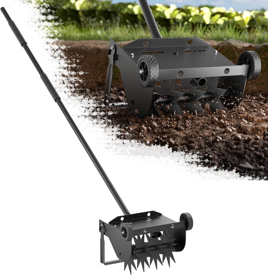 9-Inch Lawn Aerator with Steel Handle,Heavy Duty Push Spike Aerator with 2 Wheels,Aerator Lawn Tool, Manual Aerator Lawn Tool with Foam Armrests, Suitable for Lawn, Garden and Yard