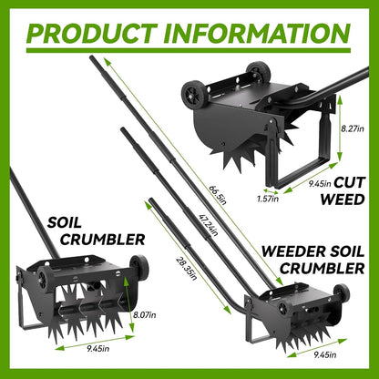 9-Inch Lawn Aerator with Steel Handle,Heavy Duty Push Spike Aerator with 2 Wheels,Aerator Lawn Tool, Manual Aerator Lawn Tool with Foam Armrests, Suitable for Lawn, Garden and Yard