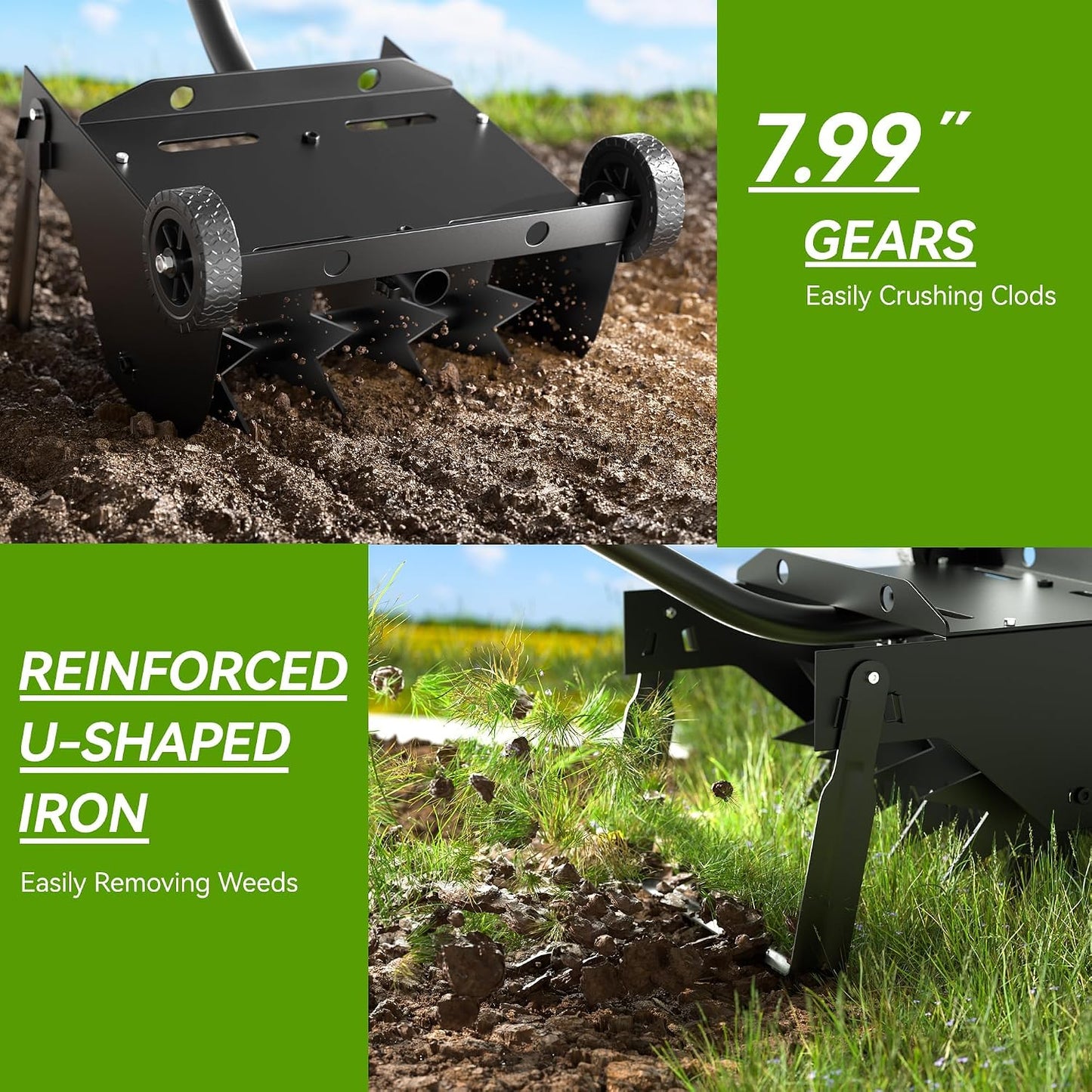 9-Inch Lawn Aerator with Steel Handle,Heavy Duty Push Spike Aerator with 2 Wheels,Aerator Lawn Tool, Manual Aerator Lawn Tool with Foam Armrests, Suitable for Lawn, Garden and Yard