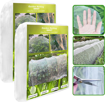 2 Pack 10X43FT Garden Netting for Raised Beds, Ultra Fine Insect Netting for Vegetable Flowers Fruits Greenhouse Crops, Garden Mesh Plant Cover Row Cover Barrier Protection Net for Birds