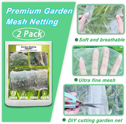 2 Pack 10X43FT Garden Netting for Raised Beds, Ultra Fine Insect Netting for Vegetable Flowers Fruits Greenhouse Crops, Garden Mesh Plant Cover Row Cover Barrier Protection Net for Birds