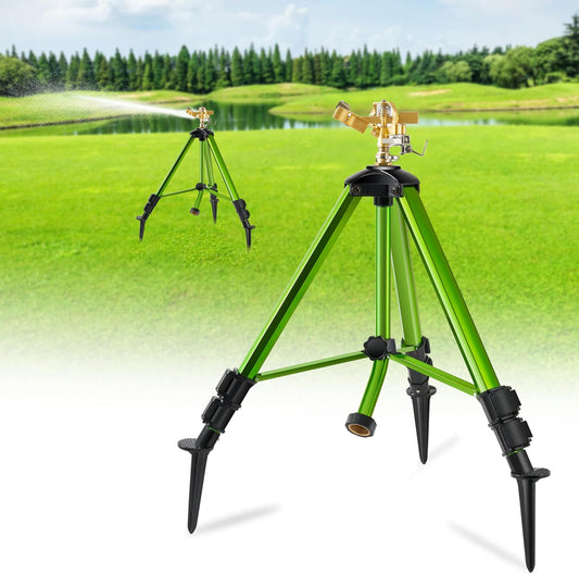 Impact Sprinklers on Tripod Base with Ground Plugs,Heavy Duty Brass Head Sprinkler with 360 Degree Spray,0-44ft Large Area Irrigation,Tripod Sprinkler with Extension Legs for Yard Garden Lawn,1 Pack