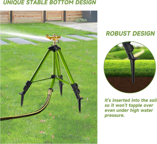 Impact Sprinklers on Tripod Base with Ground Plugs,Heavy Duty Brass Head Sprinkler with 360 Degree Spray,0-44ft Large Area Irrigation,Tripod Sprinkler with Extension Legs for Yard Garden Lawn,1 Pack