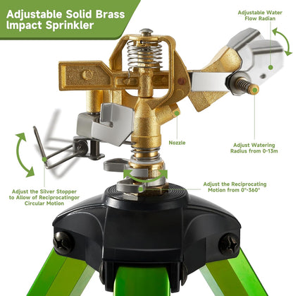 Impact Sprinklers on Tripod Base with Ground Plugs,Heavy Duty Brass Head Sprinkler with 360 Degree Spray,0-44ft Large Area Irrigation,Tripod Sprinkler with Extension Legs for Yard Garden Lawn,1 Pack