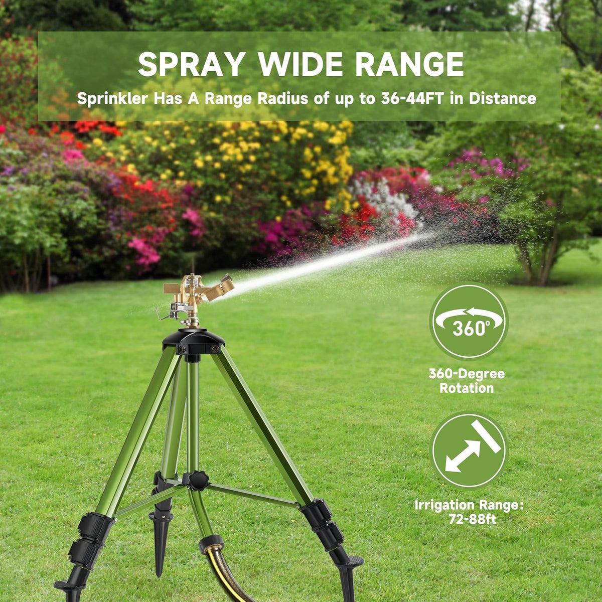 Impact Sprinklers on Tripod Base with Ground Plugs,Heavy Duty Brass Head Sprinkler with 360 Degree Spray,0-44ft Large Area Irrigation,Tripod Sprinkler with Extension Legs for Yard Garden Lawn,1 Pack