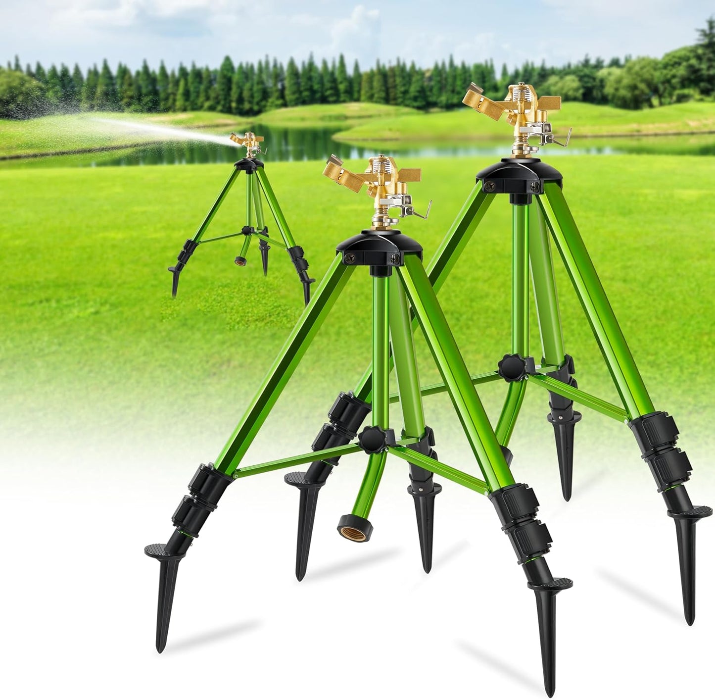 Impact Sprinklers on Tripod Base with Ground Plugs,Heavy Duty Brass Head Sprinkler with 360 Degree Spray,0-44ft Large Area Irrigation,Tripod Sprinkler with Extension Legs for Yard Garden Lawn,1 Pack