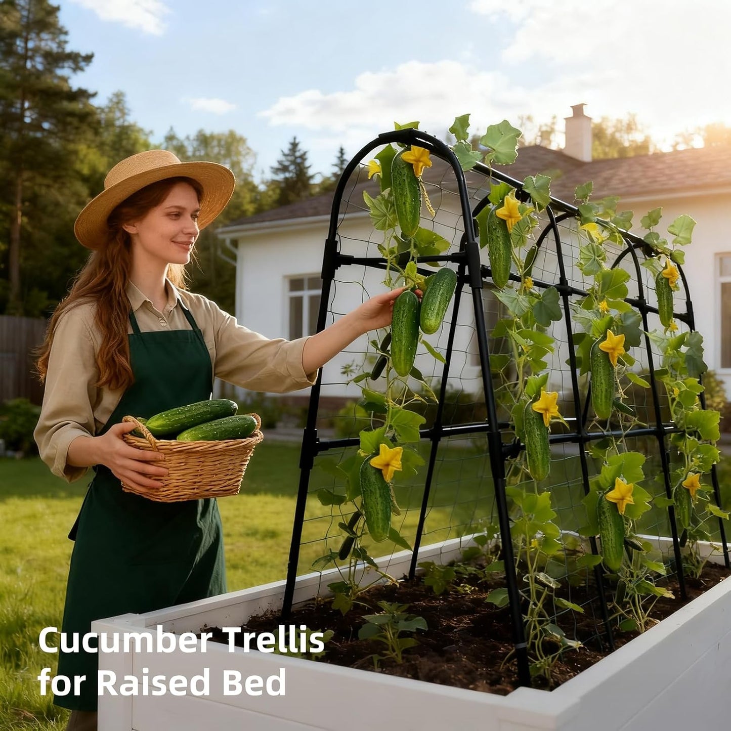 Cucumber Trellis for Raised Bed, U-Shape Garden Arch Metal Support for Climbing Plants, Metal Arch Plant Support Vegetables Trellis, Plant Support for Vine Outdoor (Green, 47*30*47inch(L*W*H))