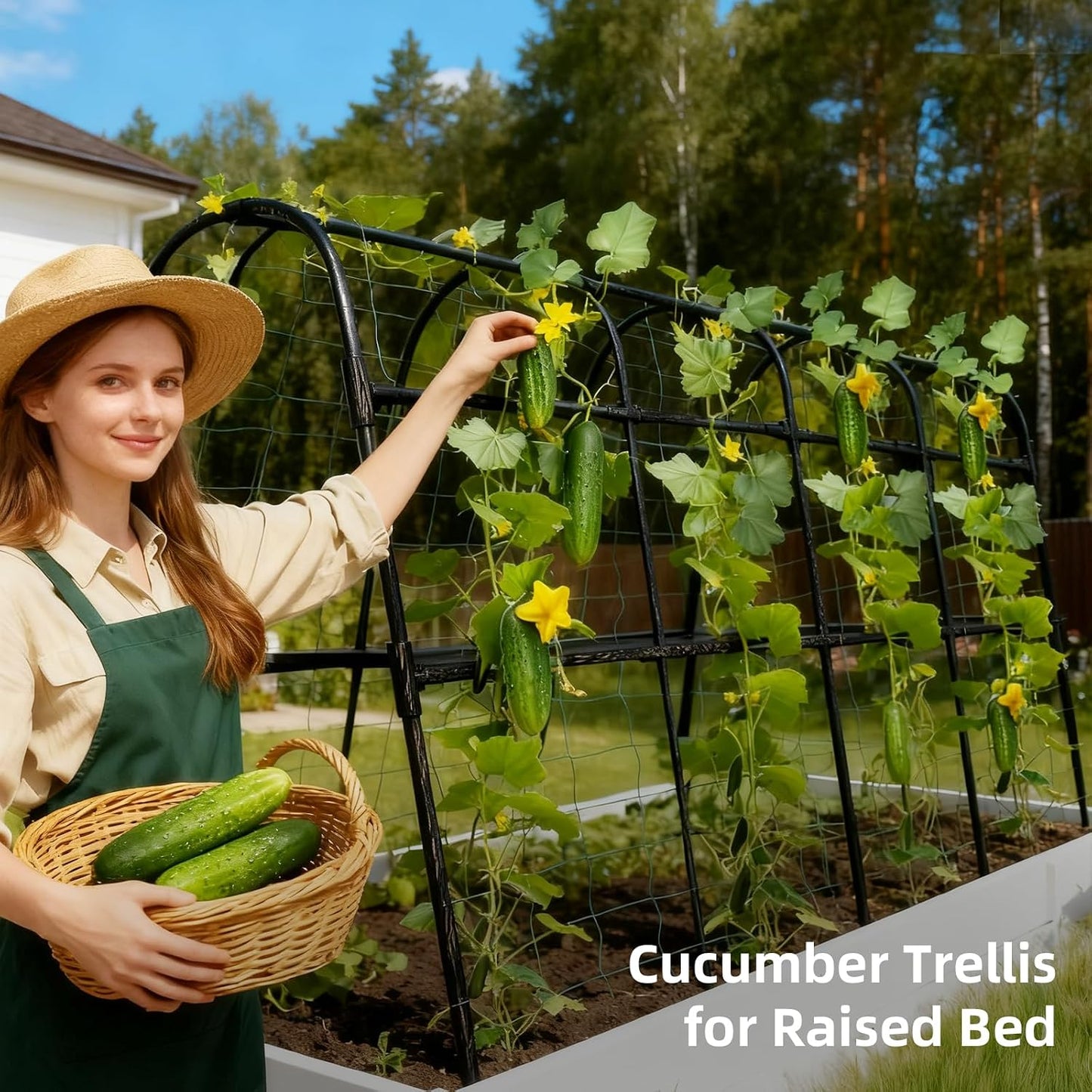 Cucumber Trellis for Raised Bed, U-Shape Garden Arch Metal Support for Climbing Plants, Metal Arch Plant Support Vegetables Trellis, Plant Support for Vine Outdoor (Green, 47*30*47inch(L*W*H))
