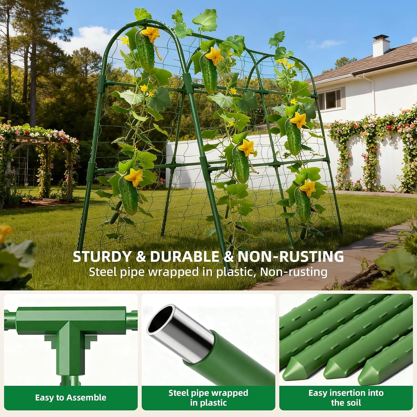 Cucumber Trellis for Raised Bed, U-Shape Garden Arch Metal Support for Climbing Plants, Metal Arch Plant Support Vegetables Trellis, Plant Support for Vine Outdoor (Green, 47*30*47inch(L*W*H))
