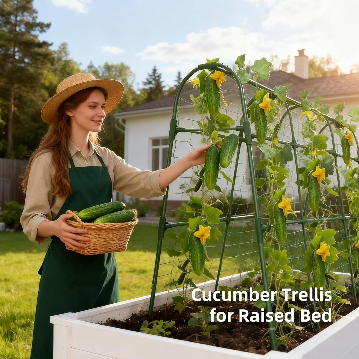Cucumber Trellis for Raised Bed, U-Shape Garden Arch Metal Support for Climbing Plants, Metal Arch Plant Support Vegetables Trellis, Plant Support for Vine Outdoor (Green, 47*30*47inch(L*W*H))
