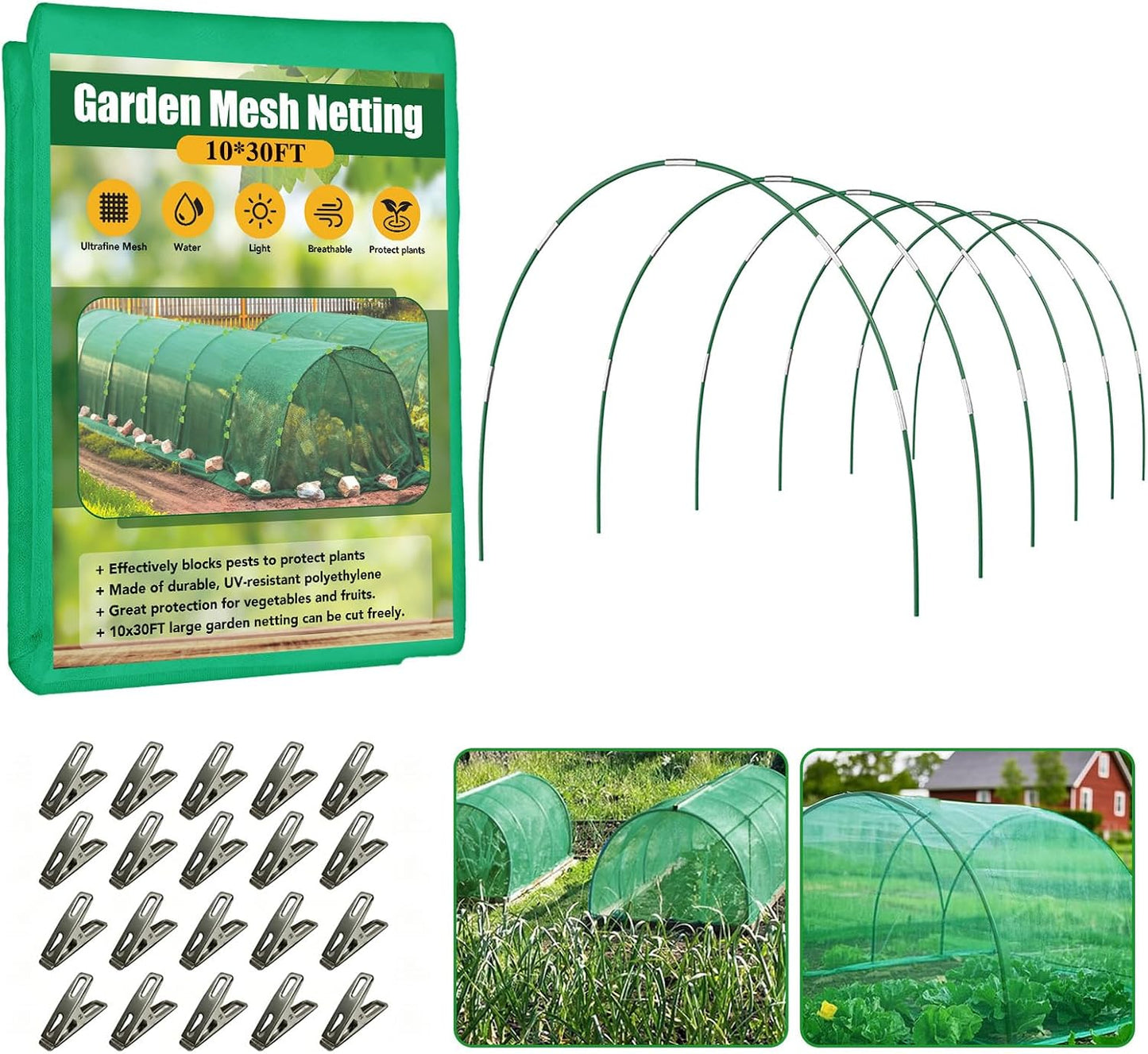 Garden Mesh Netting Kit for Raised Beds, 10x30FT Green Garden Netting ＆6 Sets Fiberglass Garden Hoops, Row Cover Garden Netting Pest Barrier Plant Protection for Vegetable Flowers Fruits