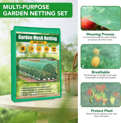 Garden Mesh Netting Kit for Raised Beds, 10x30FT Green Garden Netting ＆6 Sets Fiberglass Garden Hoops, Row Cover Garden Netting Pest Barrier Plant Protection for Vegetable Flowers Fruits