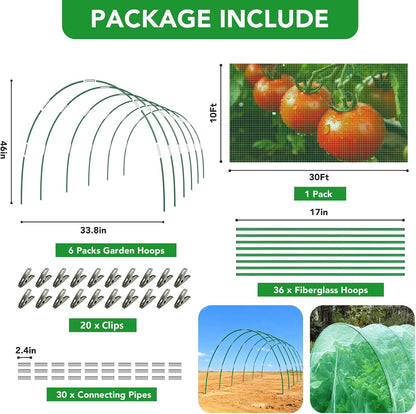 Garden Mesh Netting Kit for Raised Beds, 10x30FT Green Garden Netting ＆6 Sets Fiberglass Garden Hoops, Row Cover Garden Netting Pest Barrier Plant Protection for Vegetable Flowers Fruits