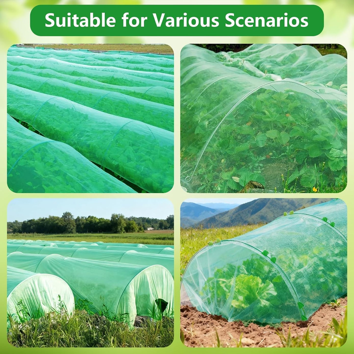 Garden Mesh Netting Kit for Raised Beds, 10x30FT Green Garden Netting ＆6 Sets Fiberglass Garden Hoops, Row Cover Garden Netting Pest Barrier Plant Protection for Vegetable Flowers Fruits