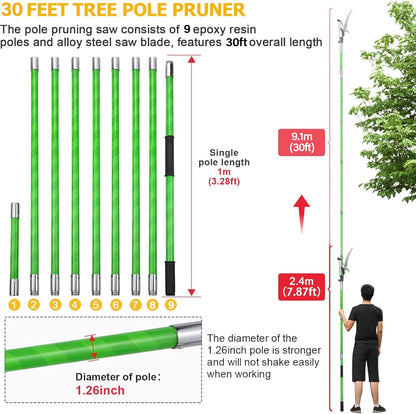 27 Feet Tree Pole Pruner Manual Branches Trimmer Tree Branch Garden Tools Loppers Hand Pole Saws Extendable Height Adustable System for Sawing and Shearing