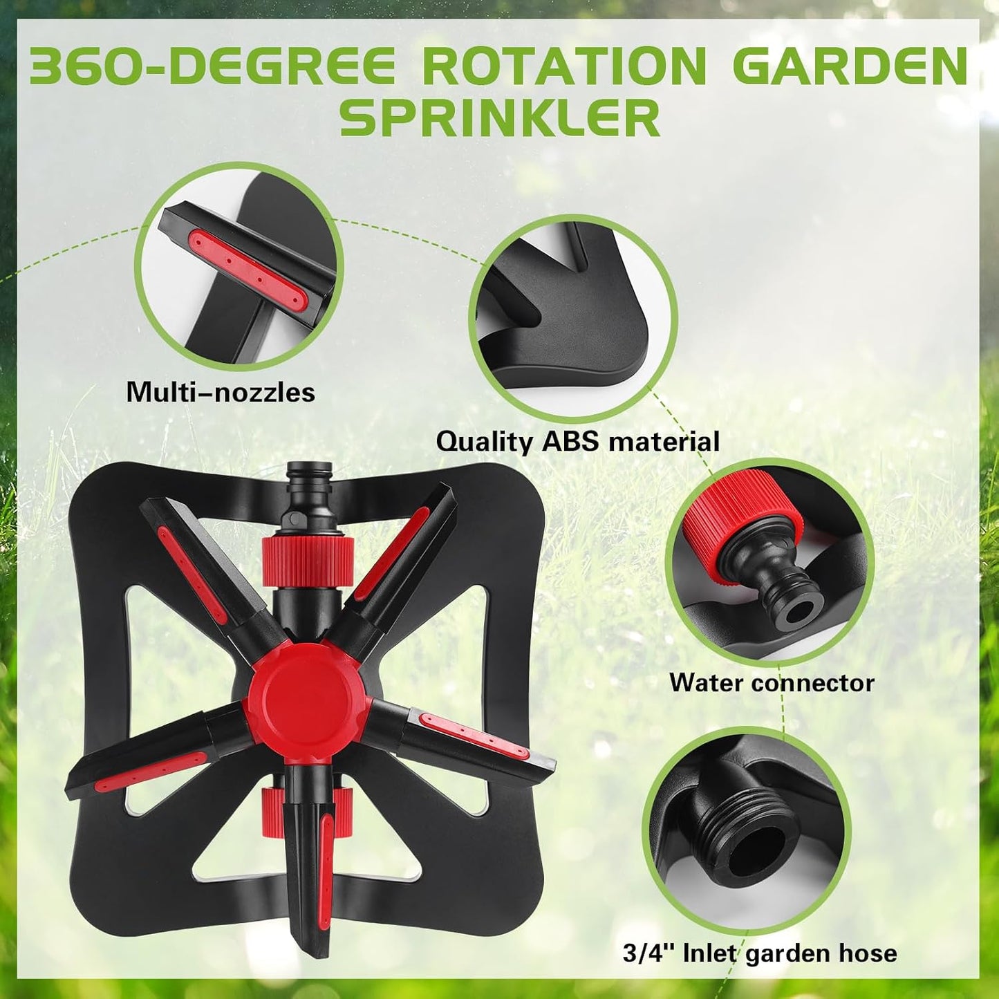 2 Pack Sprinklers for Yard Lawn Sprinkler with Metal Base Heavy 360 Degree Large Area Irrigation Duty Adjustable Circular Impulse Lawn Sprinkler for Medium to Large Garden, Yard(Red Black)