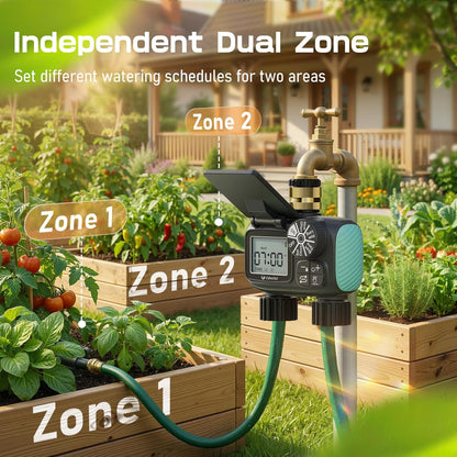 2 Zone Solar Water Timer, Hose Timer with Solar Charging