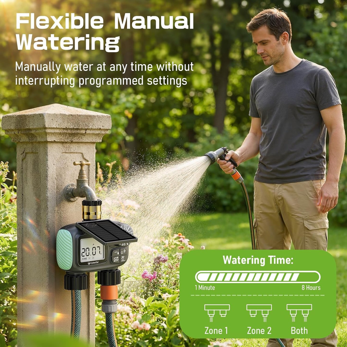 2 Zone Solar Water Timer, Hose Timer with Solar Charging