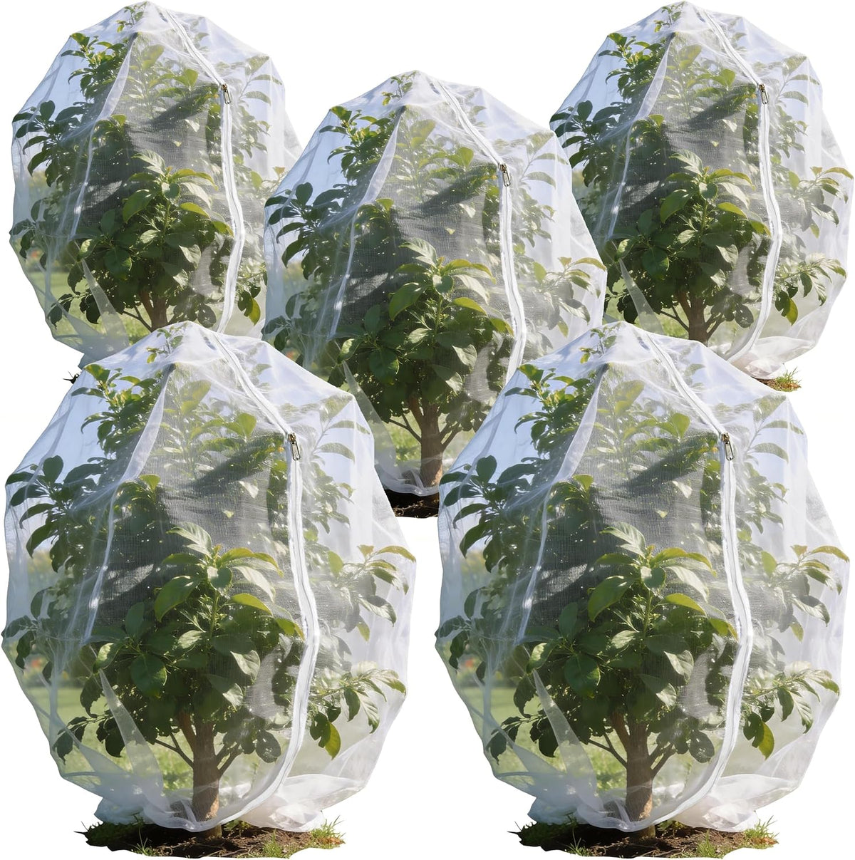 Garden Netting, 5 pcs, 3.9 X 5.9 FT, Featuring Drawstring and Zipper Design, is a Plant Cover and Fruit Tree net Designed to Protect Plants, Fruits, and Flowers from Insects and Birds.