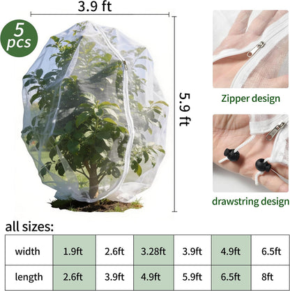 Garden Netting, 5 pcs, 3.9 X 5.9 FT, Featuring Drawstring and Zipper Design, is a Plant Cover and Fruit Tree net Designed to Protect Plants, Fruits, and Flowers from Insects and Birds.