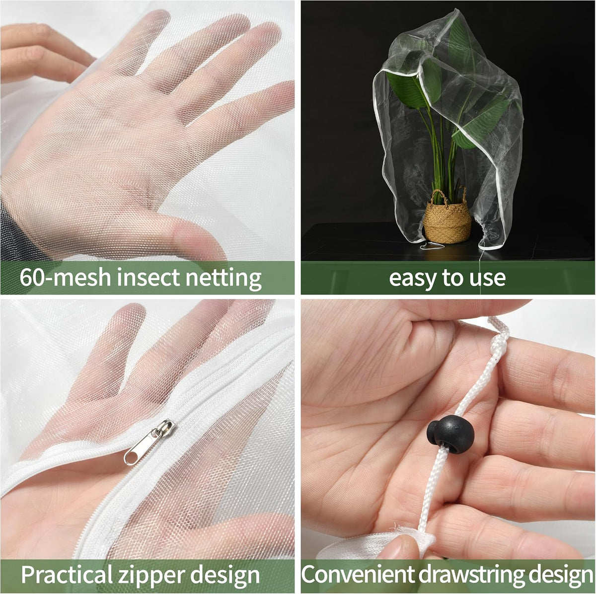 Garden Netting, 5 pcs, 3.9 X 5.9 FT, Featuring Drawstring and Zipper Design, is a Plant Cover and Fruit Tree net Designed to Protect Plants, Fruits, and Flowers from Insects and Birds.