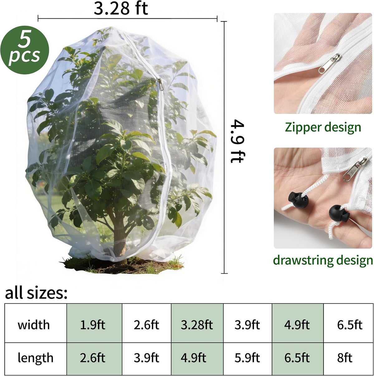 Garden Netting, 5 pcs, 3.9 X 5.9 FT, Featuring Drawstring and Zipper Design, is a Plant Cover and Fruit Tree net Designed to Protect Plants, Fruits, and Flowers from Insects and Birds.