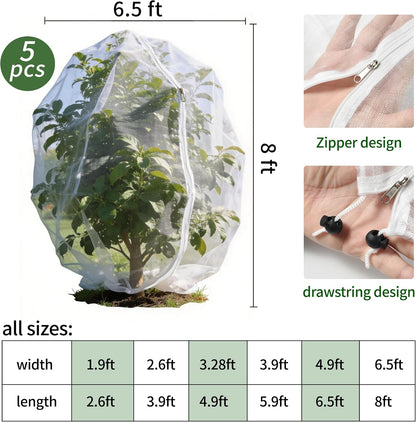 Garden Netting, 5 pcs, 3.9 X 5.9 FT, Featuring Drawstring and Zipper Design, is a Plant Cover and Fruit Tree net Designed to Protect Plants, Fruits, and Flowers from Insects and Birds.