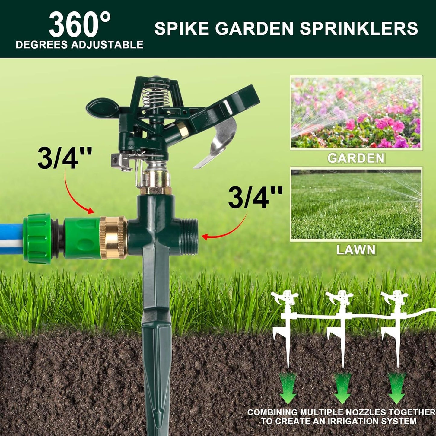 2 Packs Spike Sprinklers for Yard, Impact Sprinkler on Metal Step Spike Base, Adjustable Zinc Alloy Water Sprinkler for 360 Degree Large Area Yard Garden Lawn Irrigation