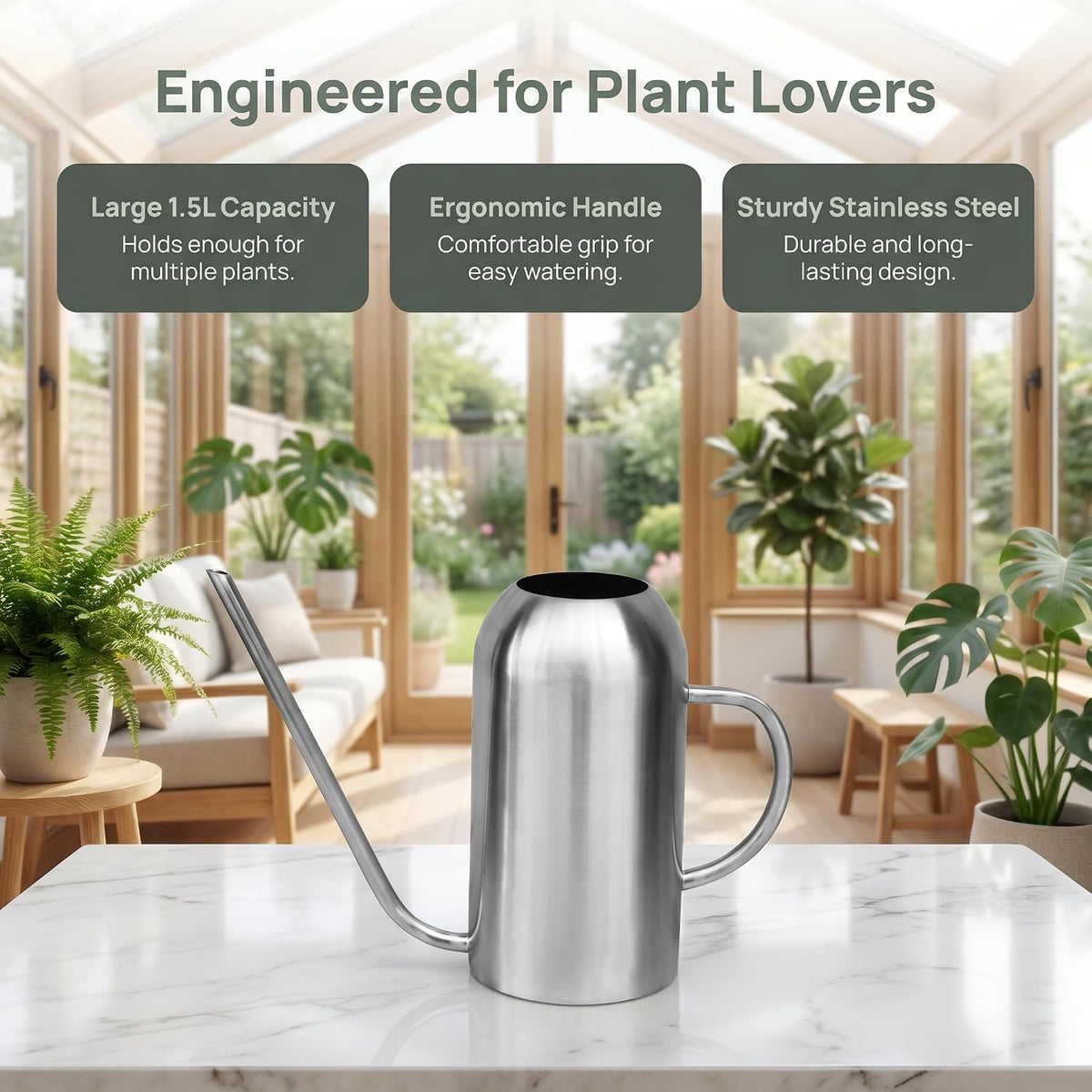 Stainless Steel Watering Can with Long Spout Modern Style Watering Pot, 53oz/1.5L