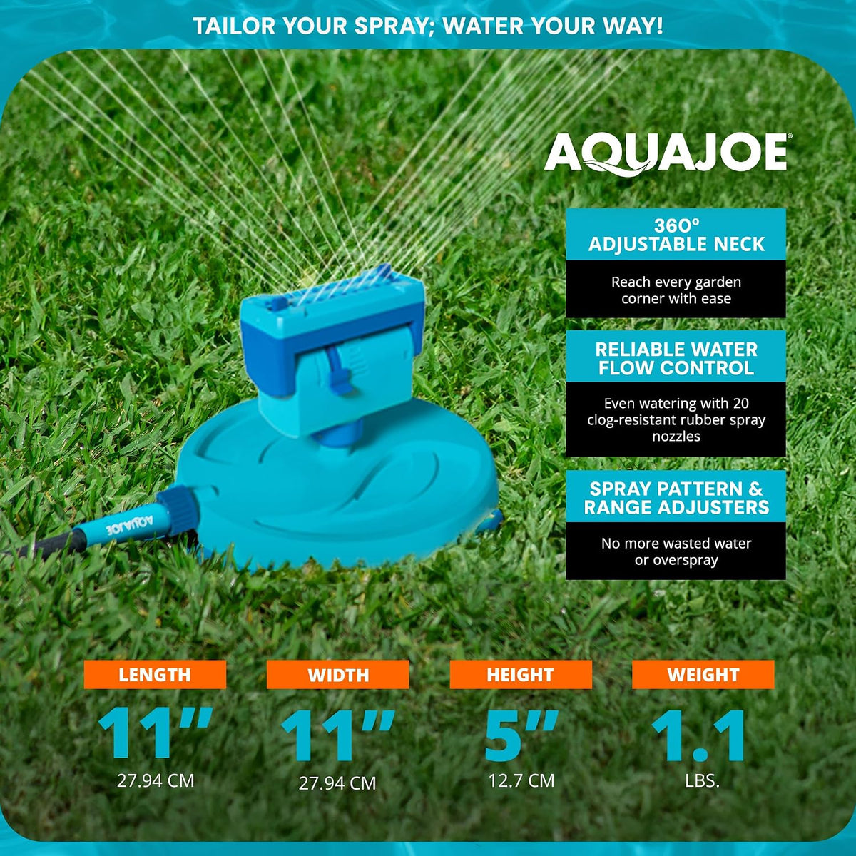 AJ-OSPR20 Mini Oscillating Sprinkler on Sled Base – 20 Nozzles, 4 Spray Patterns, up to 4,250 sq. ft. Coverage
