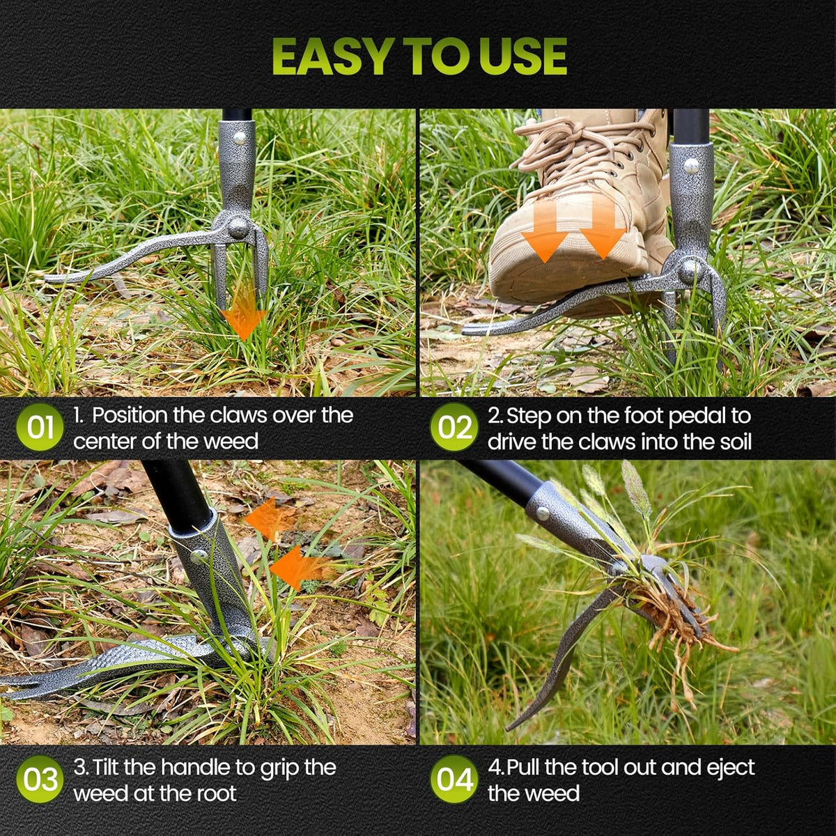 Weed Puller, Stand Up Weed Puller Tool with Steel Long Handle, 4 Claw Steel Head Weeder Tool, Handle Weeder Tool Without Bending, Pulling, or Kneeling