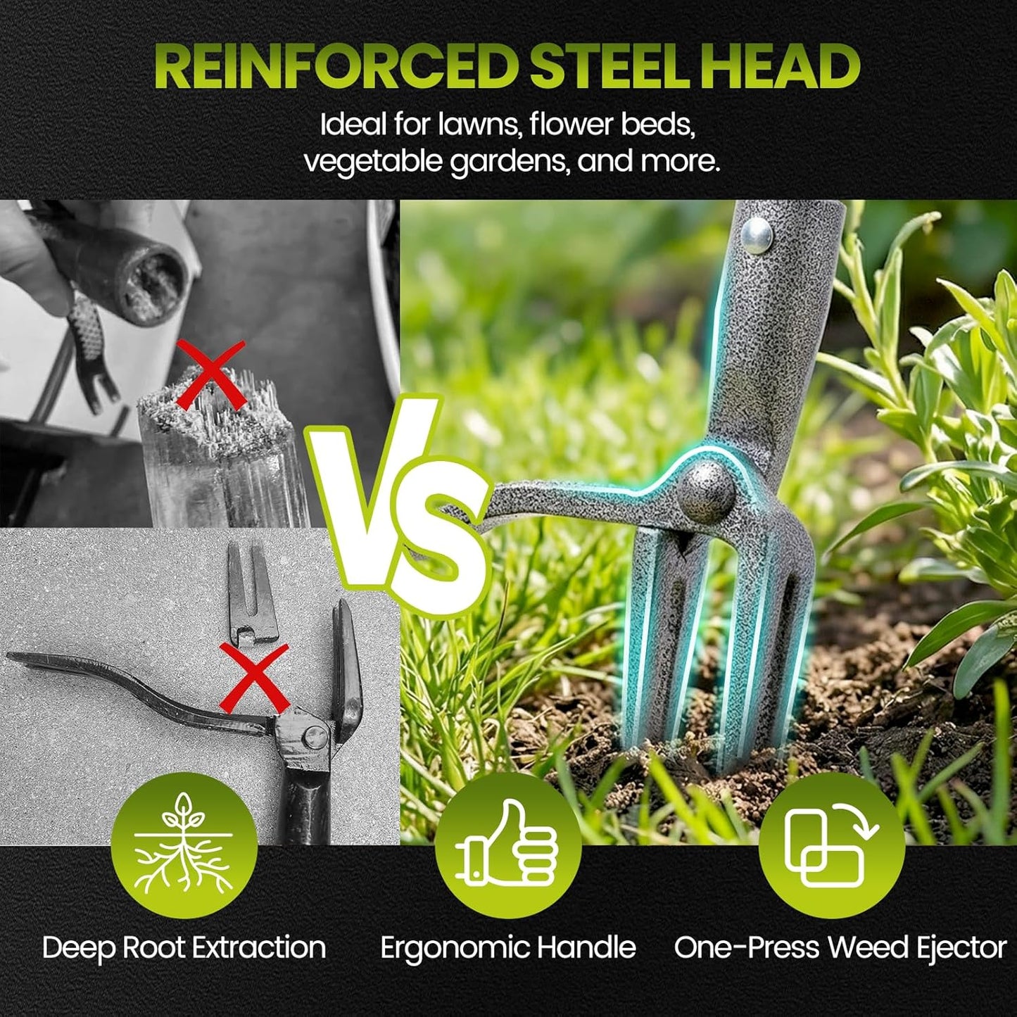Weed Puller, Stand Up Weed Puller Tool with Steel Long Handle, 4 Claw Steel Head Weeder Tool, Handle Weeder Tool Without Bending, Pulling, or Kneeling