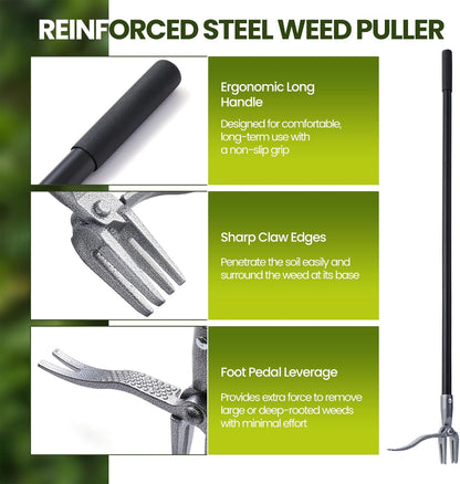 Weed Puller, Stand Up Weed Puller Tool with Steel Long Handle, 4 Claw Steel Head Weeder Tool, Handle Weeder Tool Without Bending, Pulling, or Kneeling