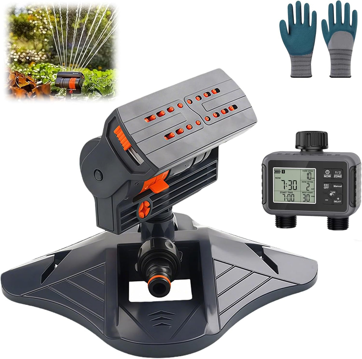 2026 Upgraded 16-Nozzle Oscillating Sprinkler with Dual-Zone Sprinkler Water Timer, 360° 16-Hole Automatic Rocking Sprinkler, Turbo Orbit Mist Sprinklers System for Garden (A No Timer)