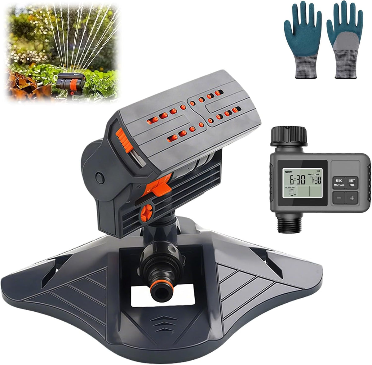 2026 Upgraded 16-Nozzle Oscillating Sprinkler with Dual-Zone Sprinkler Water Timer, 360° 16-Hole Automatic Rocking Sprinkler, Turbo Orbit Mist Sprinklers System for Garden (A No Timer)