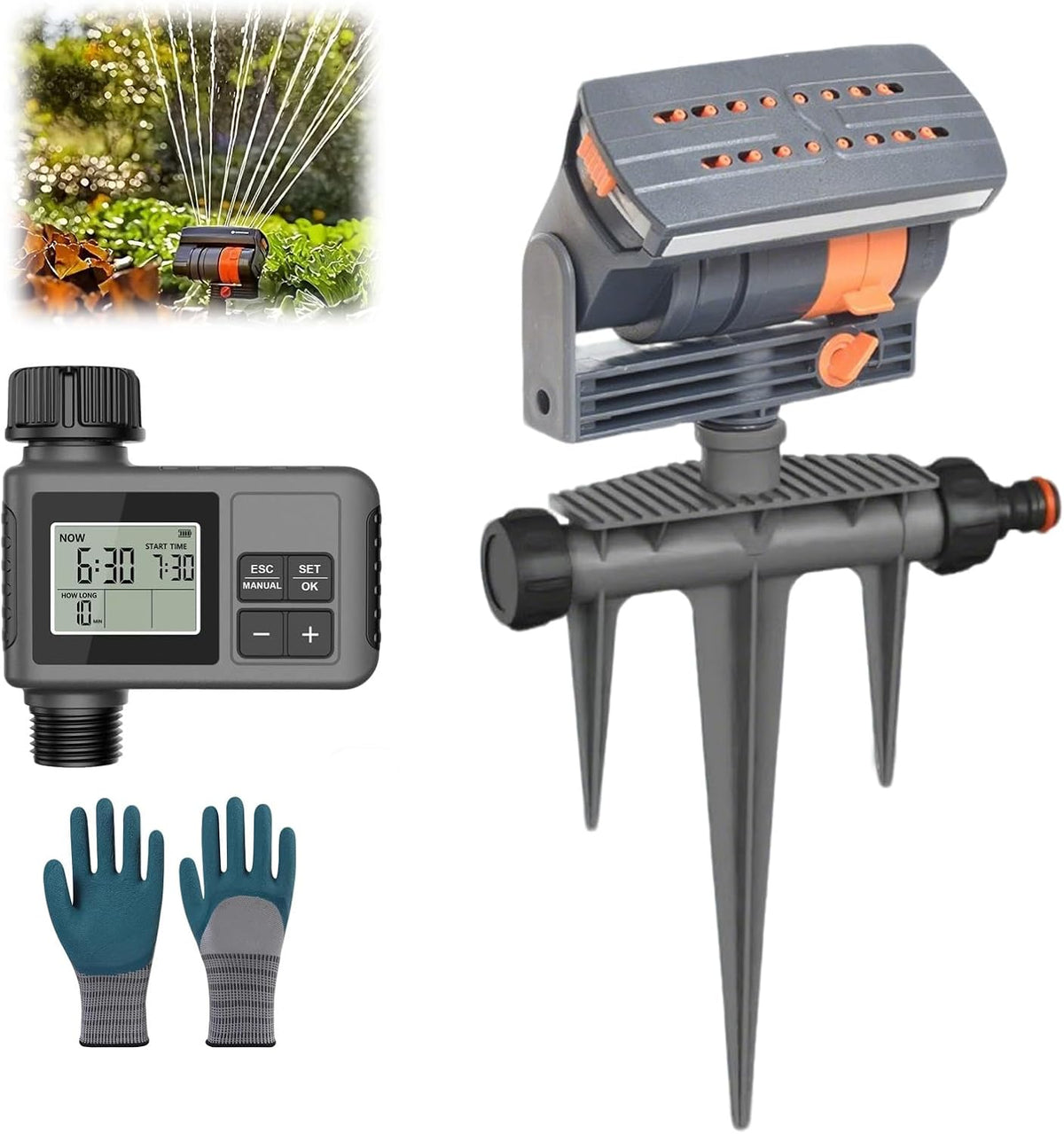 2026 Upgraded 16-Nozzle Oscillating Sprinkler with Dual-Zone Sprinkler Water Timer, 360° 16-Hole Automatic Rocking Sprinkler, Turbo Orbit Mist Sprinklers System for Garden (A No Timer)