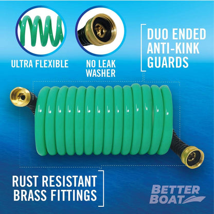 15FT Coiled Boat Hose, Expandable Coil Water Hose, Marine Grade 3/4 Inch