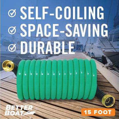 15FT Coiled Boat Hose, Expandable Coil Water Hose, Marine Grade 3/4 Inch