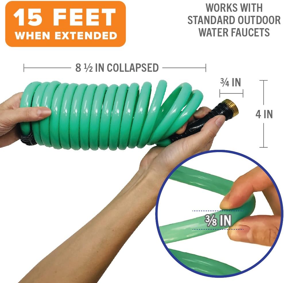 15FT Coiled Boat Hose, Expandable Coil Water Hose, Marine Grade 3/4 Inch