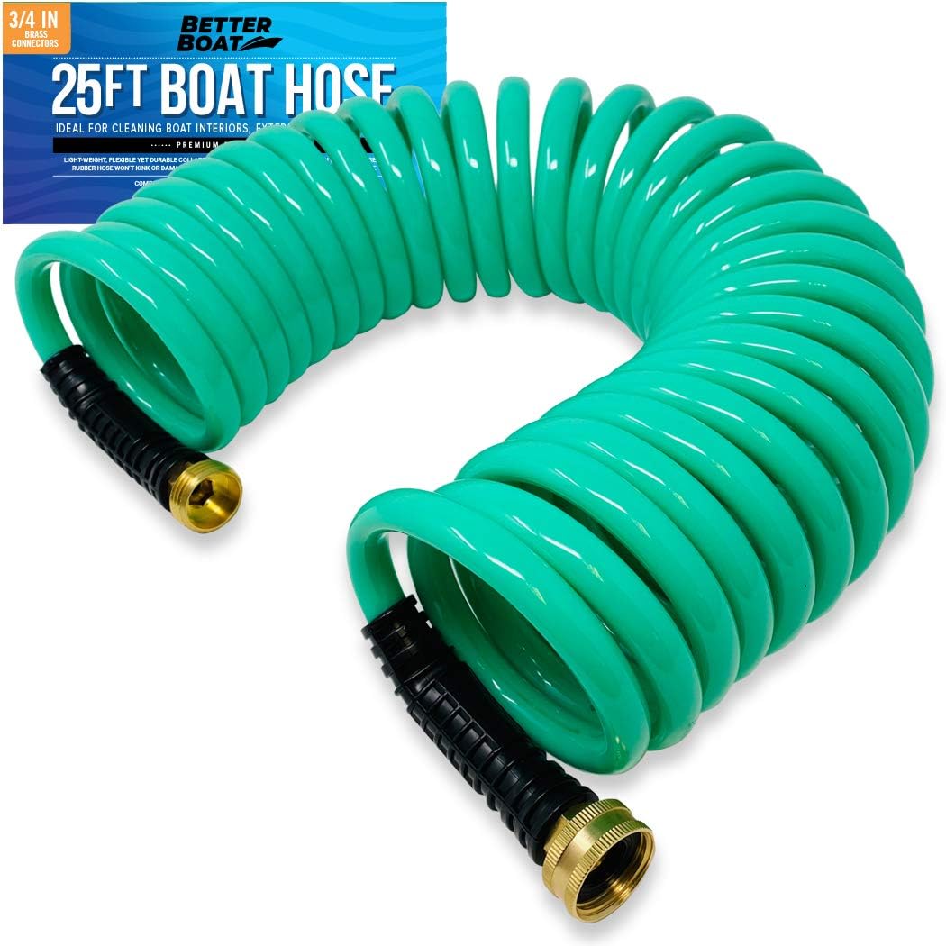 15FT Coiled Boat Hose, Expandable Coil Water Hose, Marine Grade 3/4 Inch