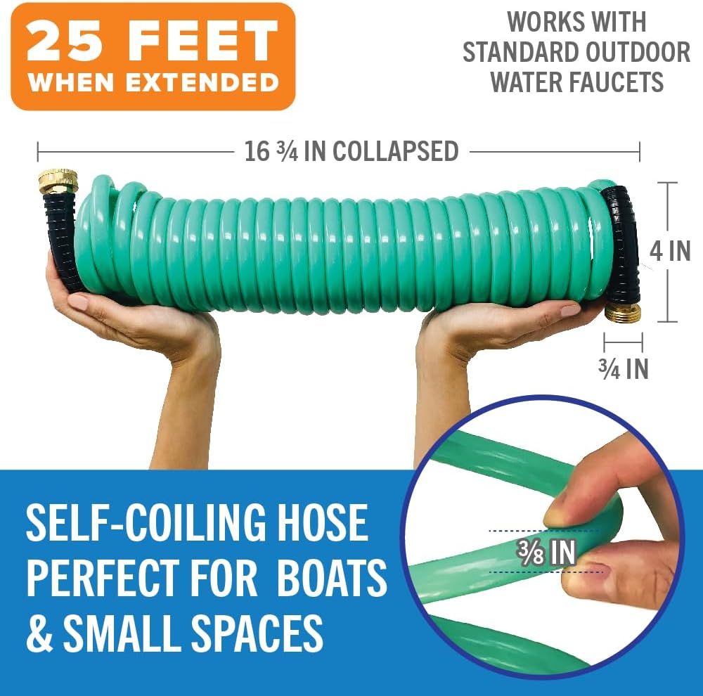 15FT Coiled Boat Hose, Expandable Coil Water Hose, Marine Grade 3/4 Inch